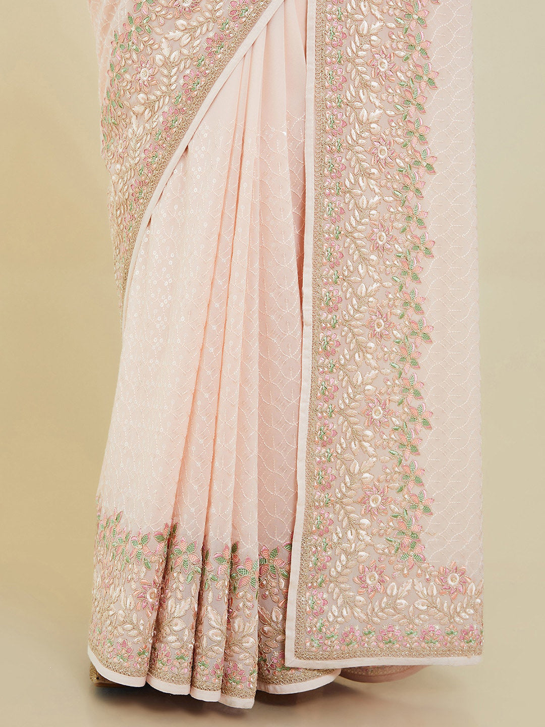 Soch Peach-Coloured & Green Floral Sequinned Pure Georgette Saree - Distacart
