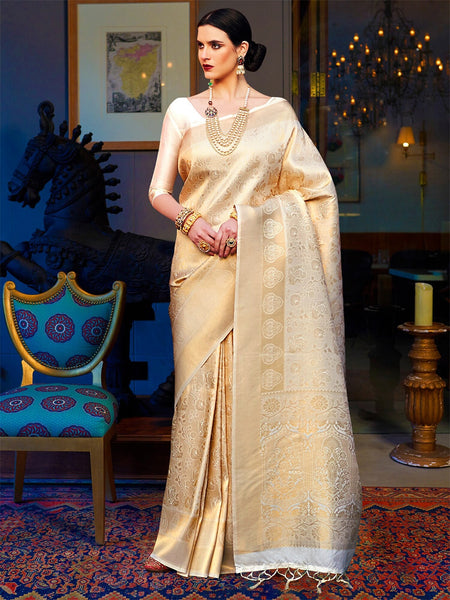 Mitera Cream-Coloured & Gold-Toned Woven Design Zari Silk Blend Kanjeevaram Saree - Distacart