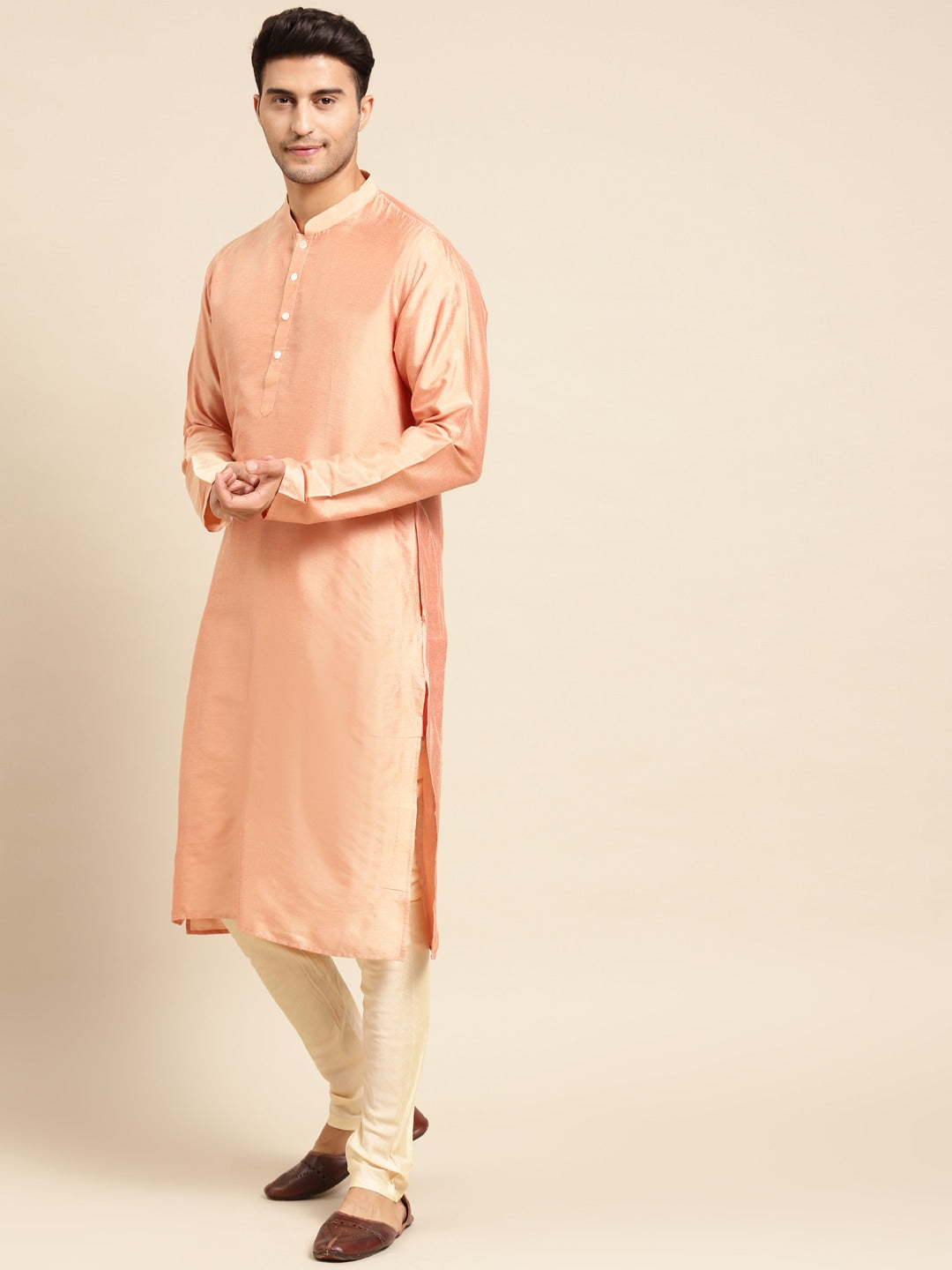 KISAH Men Beige & Orange Woven-Design Sherwani Set - Distacart