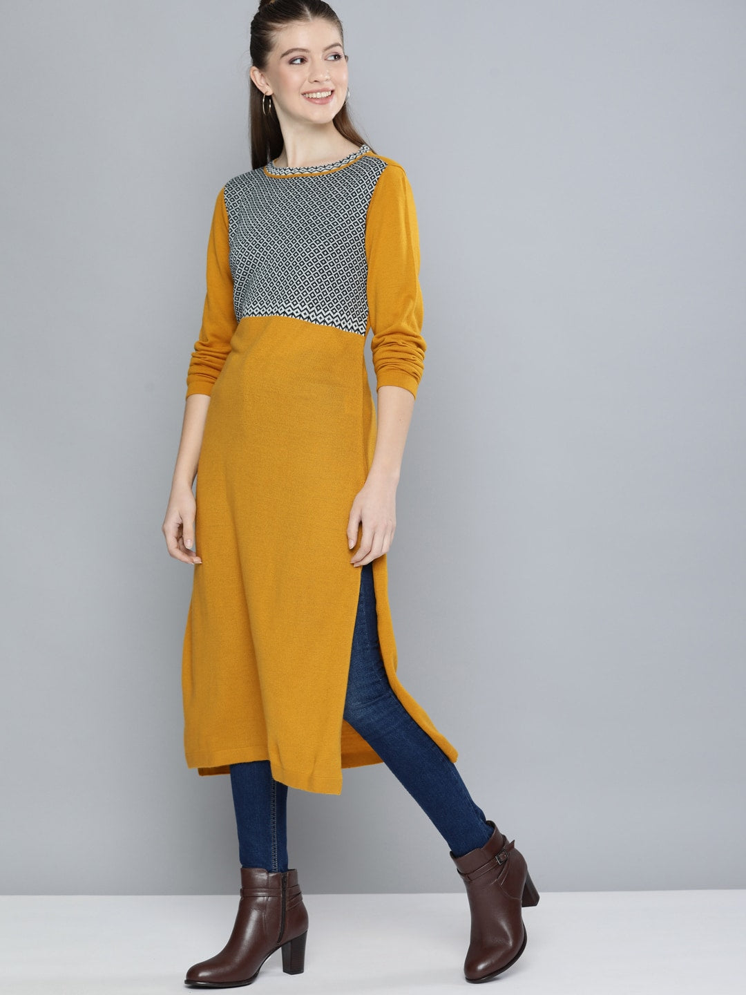 HERE&NOW Women Mustard Yellow & White Geometric Yoke Design Acrylic Winter Kurta - Distacart