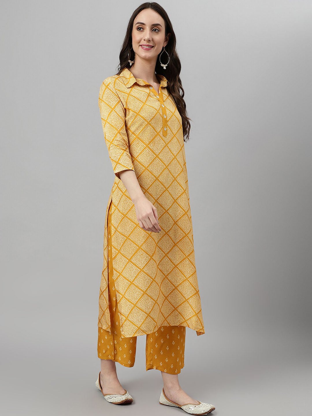 Khushal K Bandhani Printed Shirt Collar Kurta with Palazzos - Distacart