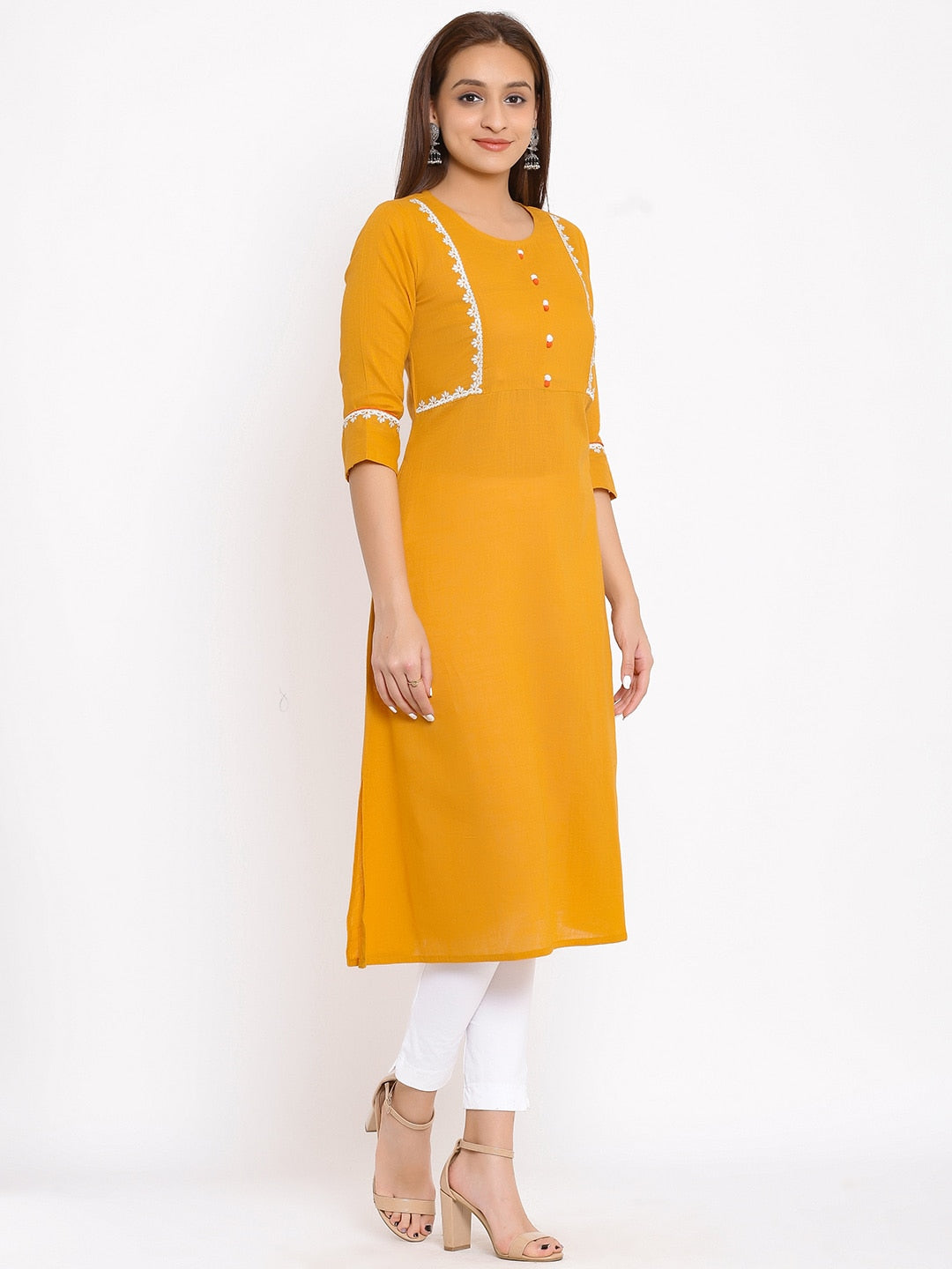 HERE&NOW Mustard Yellow & White Ethnic Motifs Embroidered Straight Kurta - Distacart