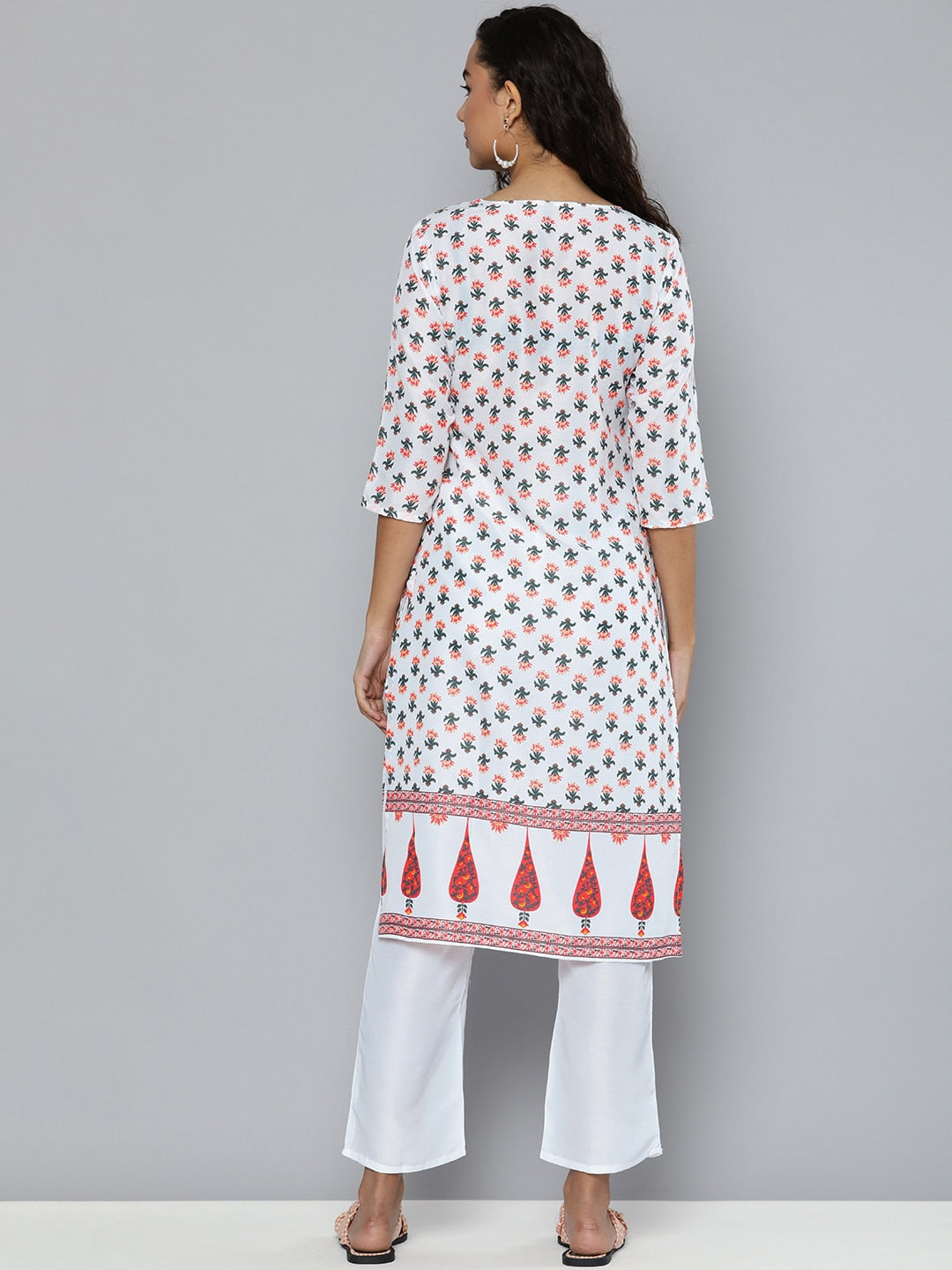 HERE&NOW Women White & Green Floral Printed Angrakha Kurta with Trousers - Distacart