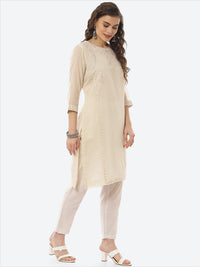 Thumbnail for Biba Women Beige Ethnic Motifs Embroidered Mirror Work Floral Kurta - Distacart
