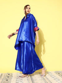 Thumbnail for InWeave Women's Blue Pink Brocade Satin Boho Kurta Palazzo Set - Distacart