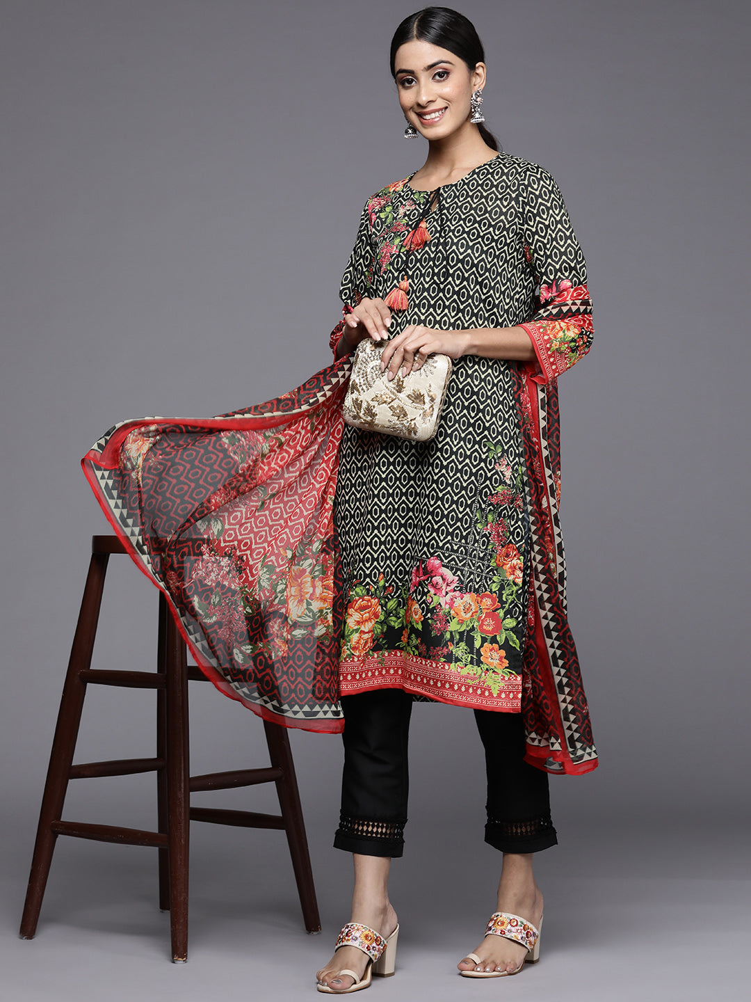 Biba Women Black Printed Kurta with Trousers & With Dupatta - Distacart