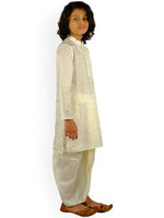 Thumbnail for Sethukrishna Boys Cream-Coloured Embroidered Angrakha Kurta with Salwar & With Dupatta - Distacart