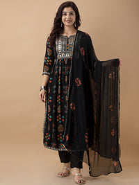 Thumbnail for Kalini Ethnic Motifs Printed Sequinned A-Line Kurta With Trousers & Dupatta - Distacart