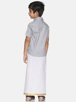 Thumbnail for Sethukrishna Boys Grey & White Solid Shirt and Veshti Set - Distacart