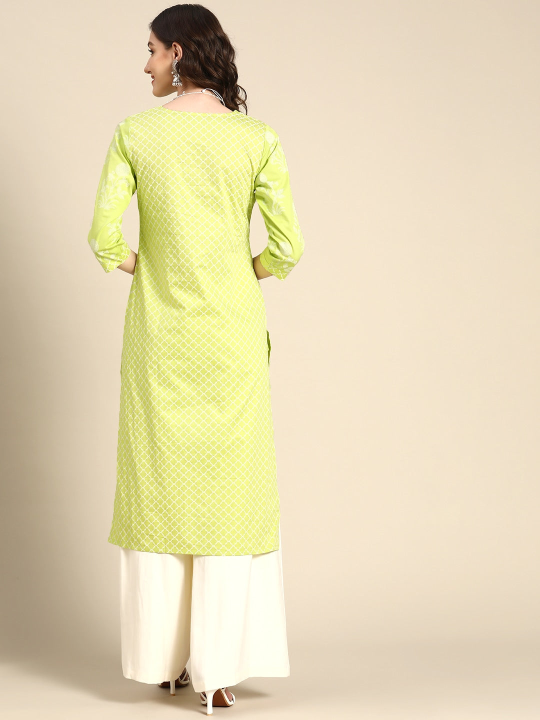 Sangria Women Lime Green Printed Satin Kurta - Distacart