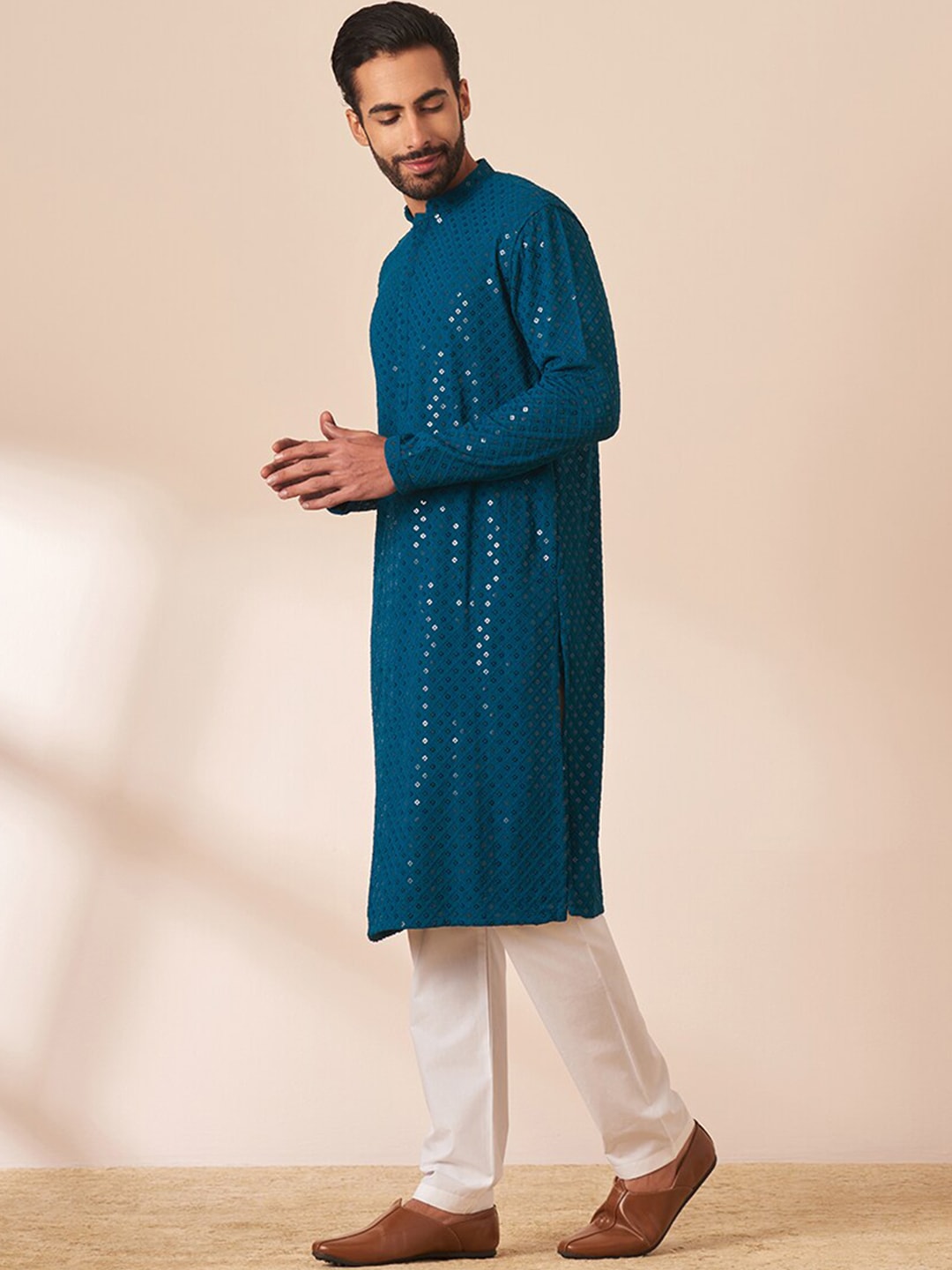 Manyavar Men Geometric Embroidered Mandarin Collar Sequined Kurta with Pyjamas - Distacart