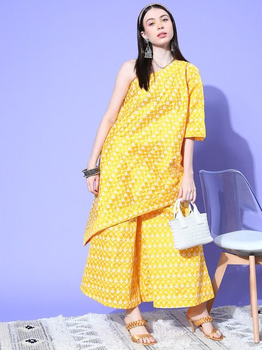 InWeave Women's Light Yellow Mirror Work Oneshoulder Kurta Set - Distacart