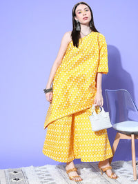 Thumbnail for InWeave Women's Light Yellow Mirror Work Oneshoulder Kurta Set - Distacart