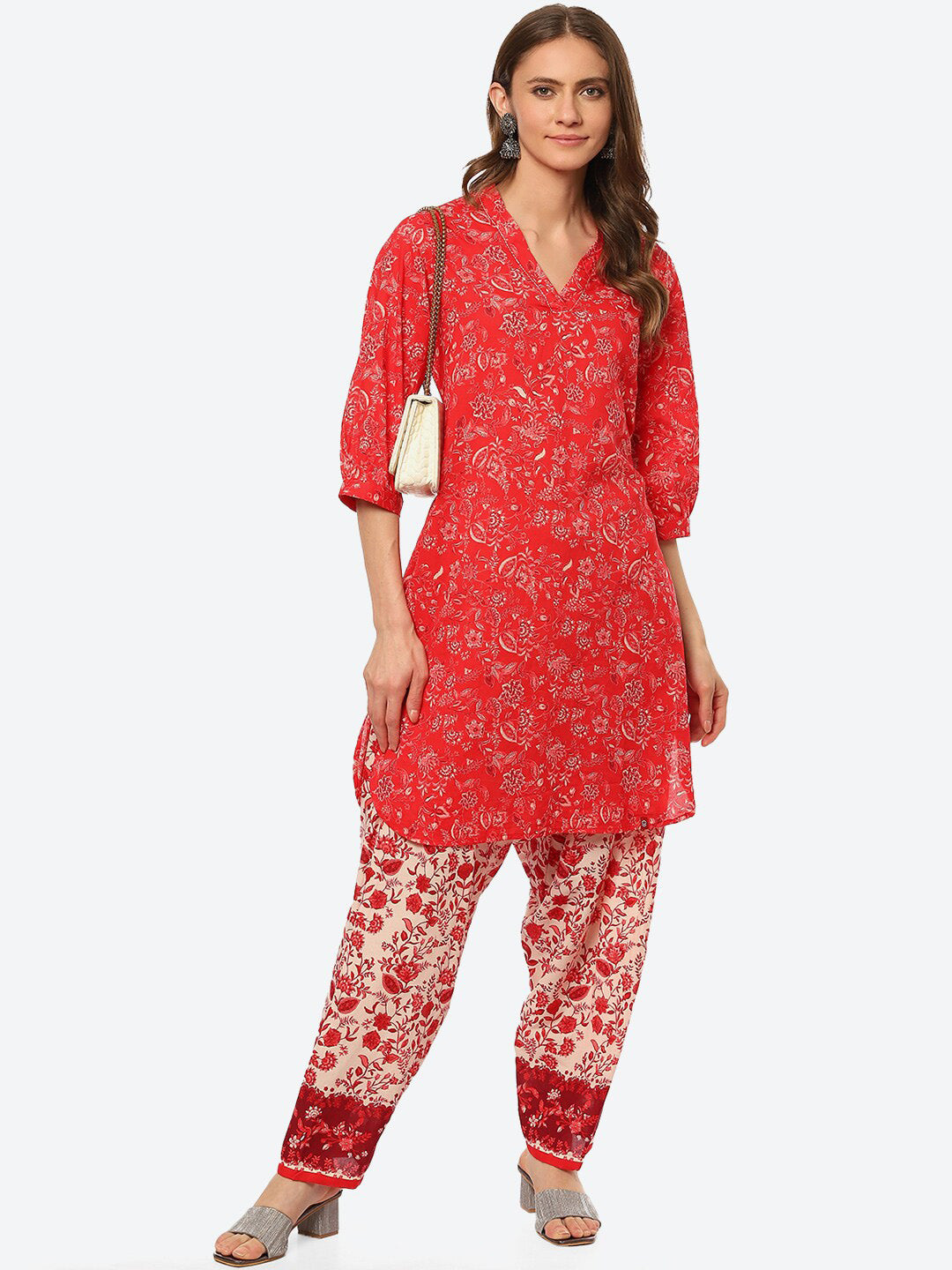 Biba Women Red Floral Printed Kurta with Trousers - Distacart