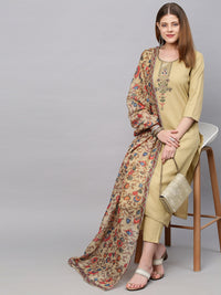 Thumbnail for Kalini Women Beige Floral Yoke Design Straight Kurta with Trousers & With Dupatta - Distacart