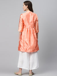 Thumbnail for Biba Women Peach-Coloured & Green Yoke Design A-Line Kurta With Sheen Effect - Distacart