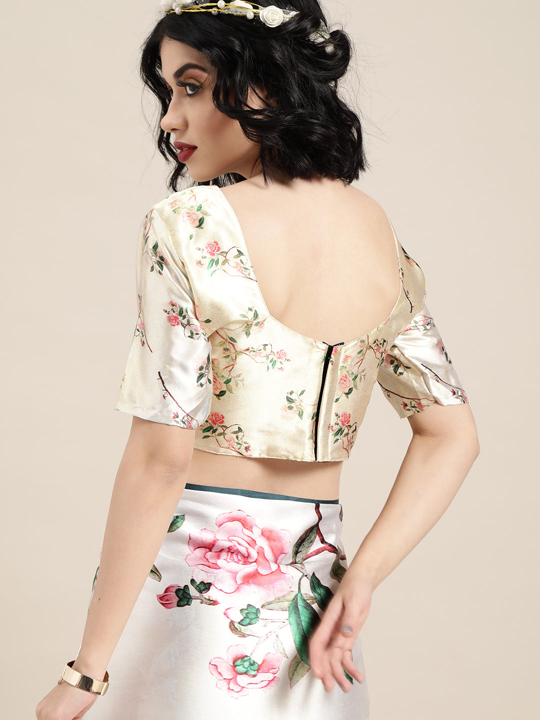 Saree Mall Cream-Coloured & Pink Satin Floral Block Print Saree - Distacart