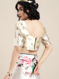Thumbnail for Saree Mall Cream-Coloured & Pink Satin Floral Block Print Saree - Distacart
