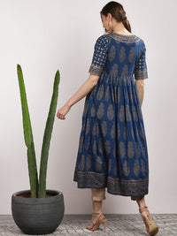 Thumbnail for Sangria Women Navy Blue & Gold-Coloured Printed Anarkali Kurta - Distacart
