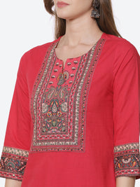 Thumbnail for Biba Women Red Ethnic Motifs Striped Kurta with Palazzos & With Dupatta - Distacart