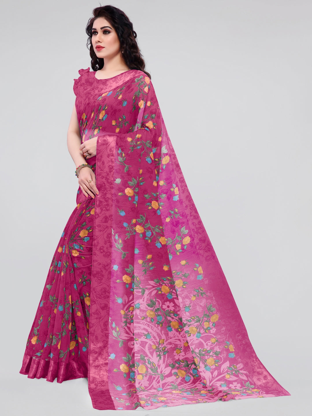 Kalini Pink & Yellow Floral Bagh Saree - Distacart
