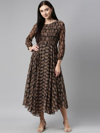Thumbnail for Souchii Olive Green & Red Ethnic Motifs Printed Chiffon A-Line Maxi Dress - Distacart