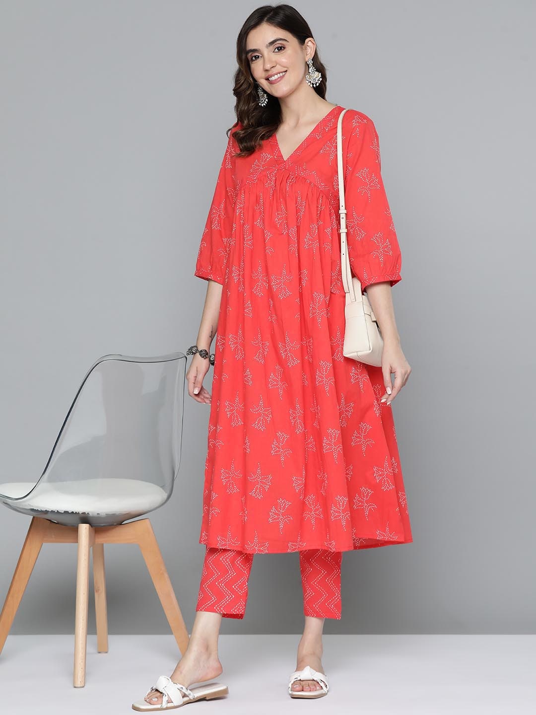 HERE&NOW Floral Print Cotton Empire Kurta with Trousers - Distacart