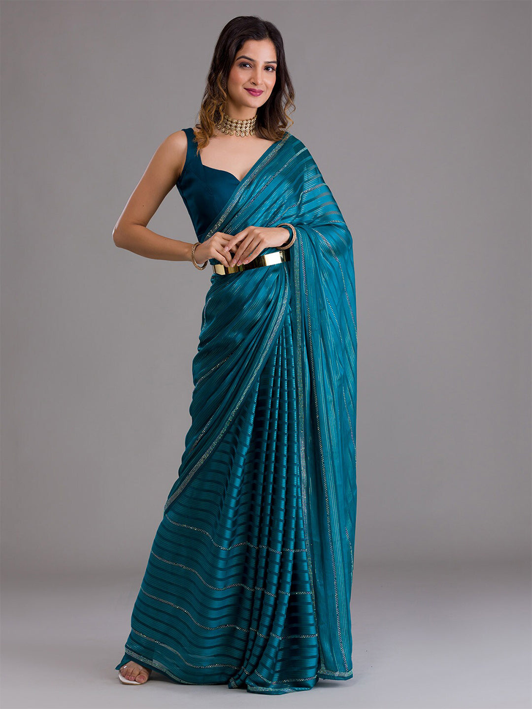 Koskii Blue & Silver-Toned Striped Beads and Stones Saree - Distacart