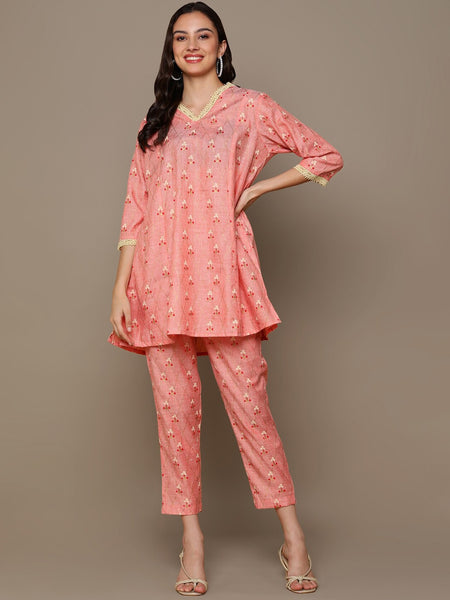 HERE&NOW Orange Floral Printed A-Line Kurta Set - Distacart