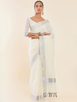Thumbnail for Soch Off-White & Silver-Toned Zari Pure Cotton Kasavu Saree - Distacart
