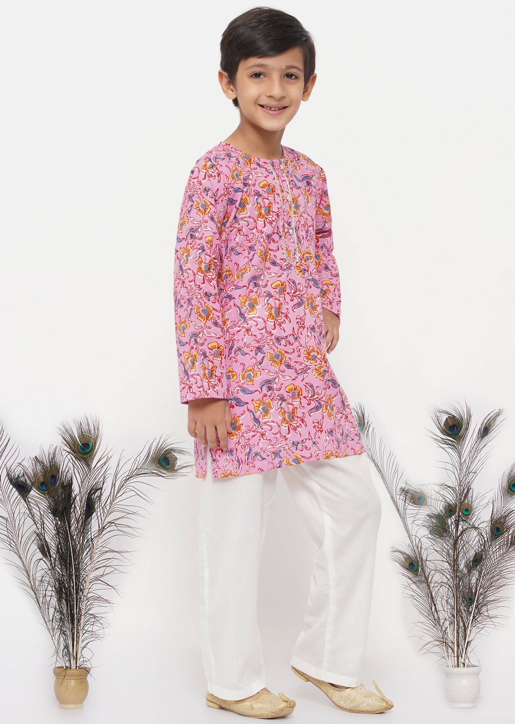 Little Bansi Cotton Block Print Floral Kurta with Pearl Buttons & Pyjama in Pink & Cream - Distacart