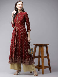 Thumbnail for Yufta Women Maroon & Gold Floral Printed Kurta