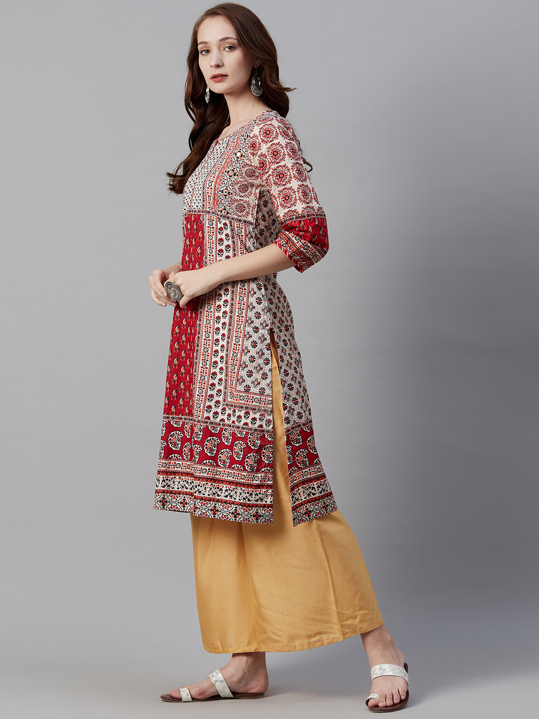 Biba Women Maroon & Off-White Ethnic Motif Print Straight Kurta - Distacart