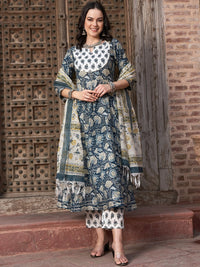 Thumbnail for Sangria Navy Blue Floral Printed Pure Cotton Anarkali Kurta With Trouser & Dupatta - Distacart