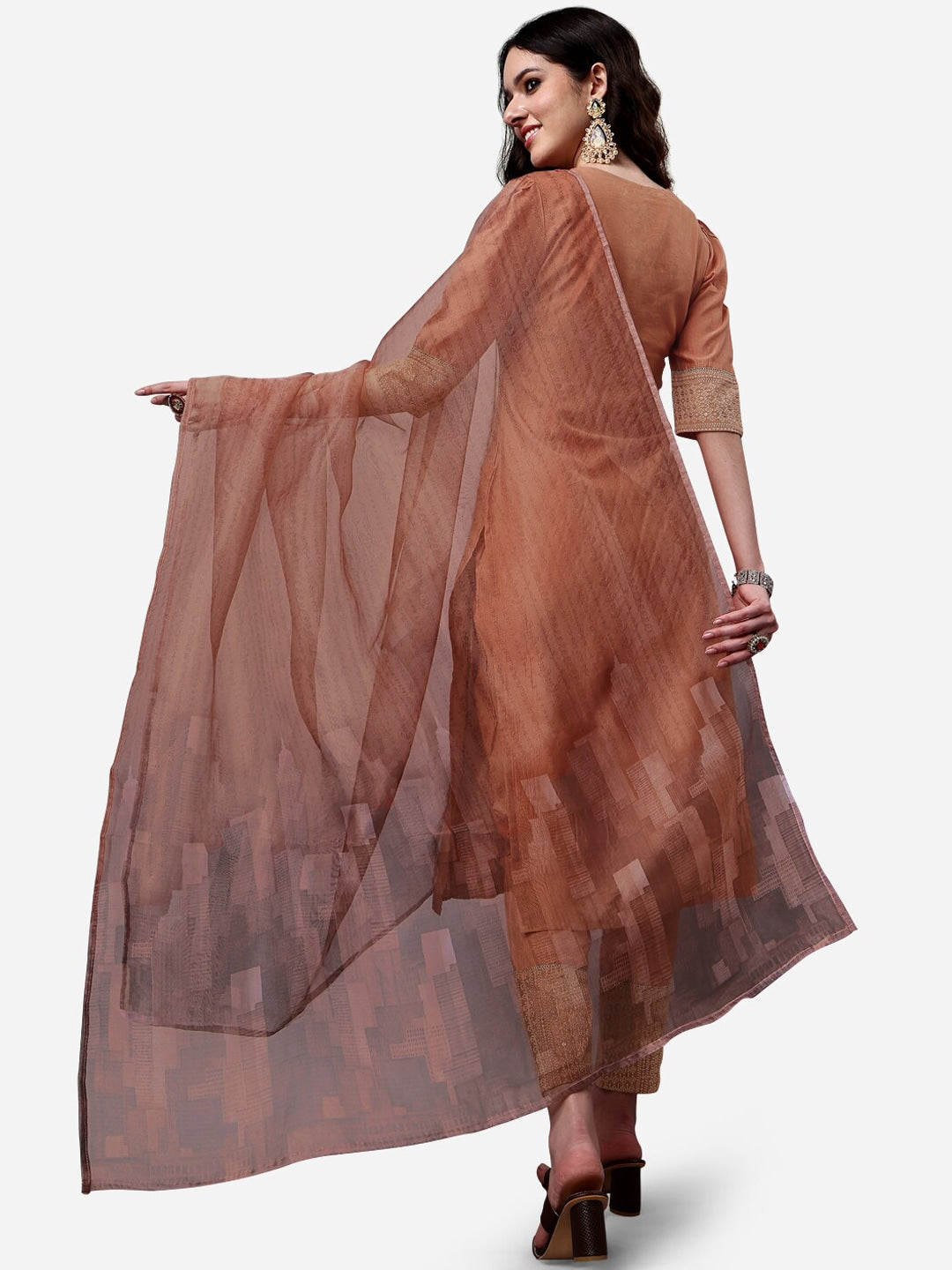 HERE&NOW Lucknowi Chikankari Schiffli Chanderi Silk Kurta Trousers with Organza Dupatta - Distacart