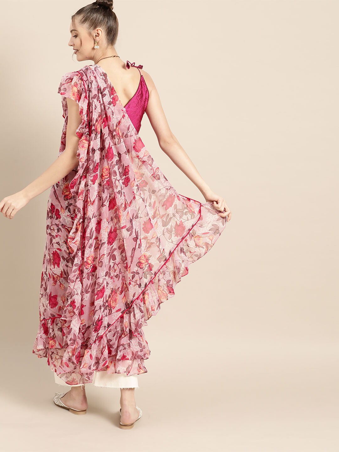 Tikhi Imli Pretty Pink Printed Poly Georgette Saree - Distacart