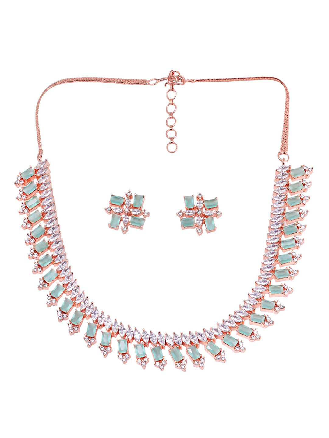 Saraf RS Jewellery Sea Green & Rose Gold-Plated American Diamond Studded Jewellery Set - Distacart