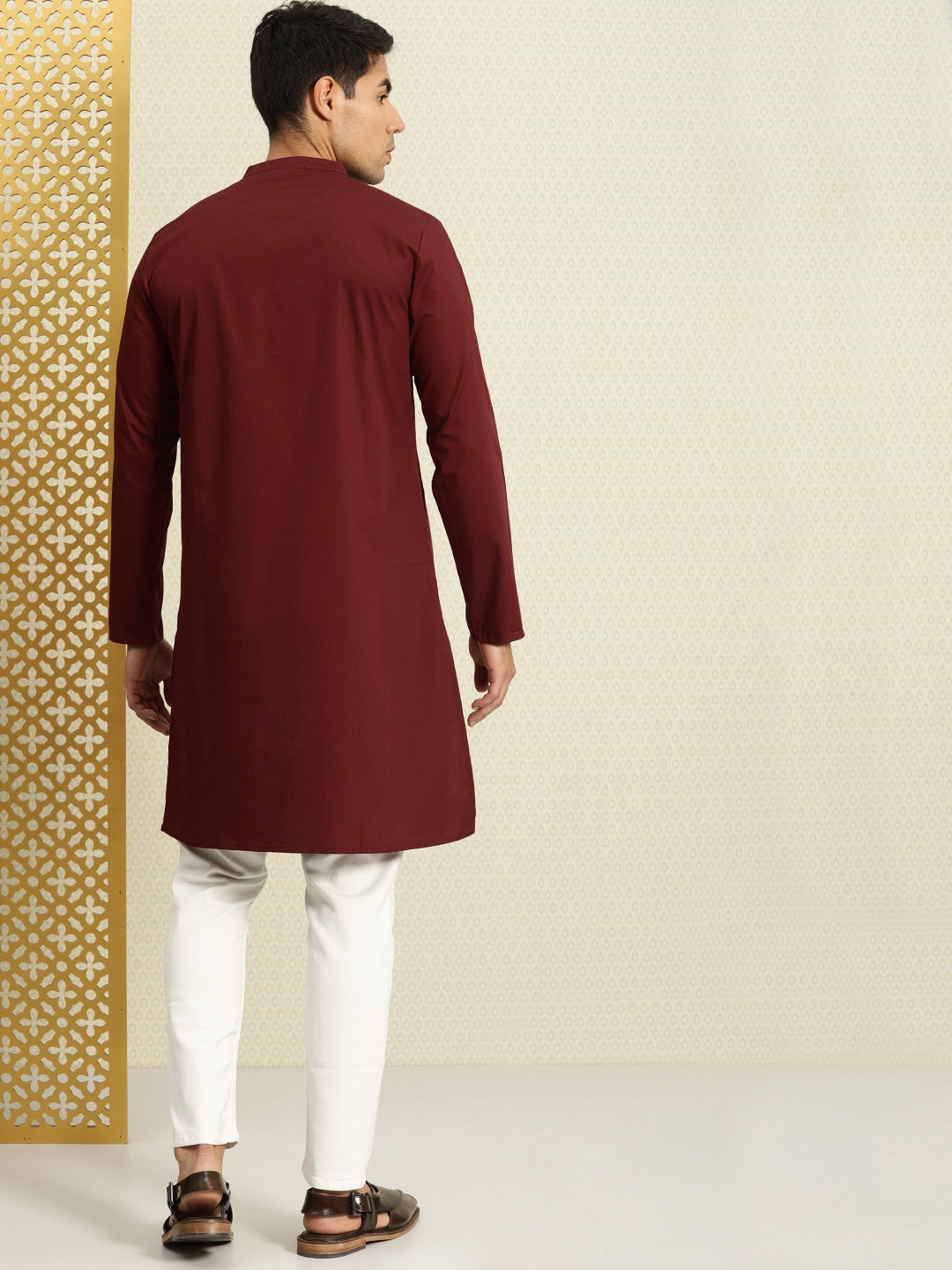 House of Pataudi Men Maroon Solid Straight Kurta - Distacart