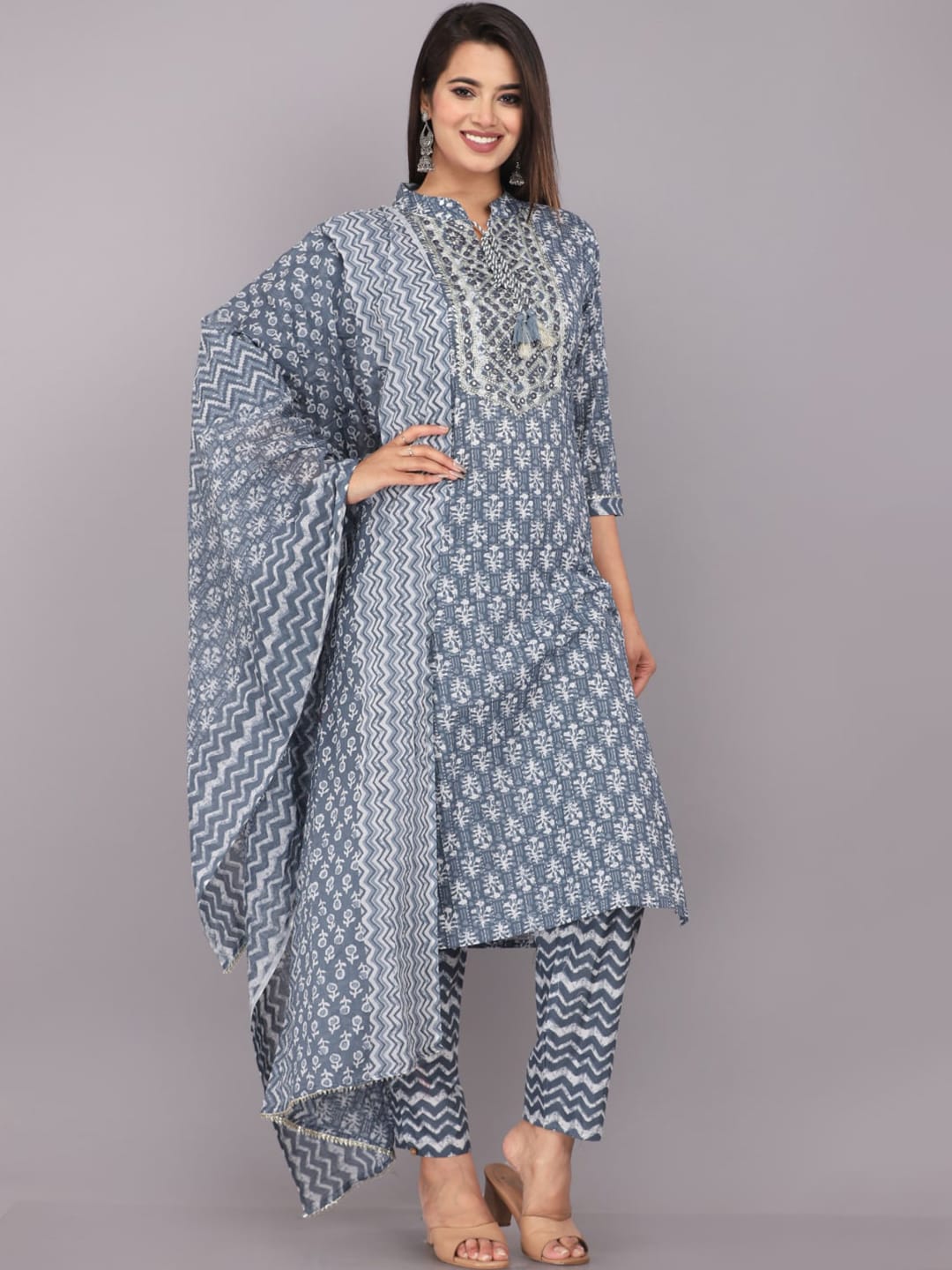 Kalini Floral Printed Mirror Work Detail Pure Cotton Kurta with Trousers & Dupatta - Distacart