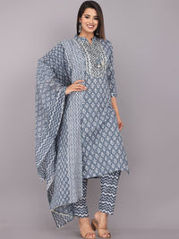 Thumbnail for Kalini Floral Printed Mirror Work Detail Pure Cotton Kurta with Trousers & Dupatta - Distacart