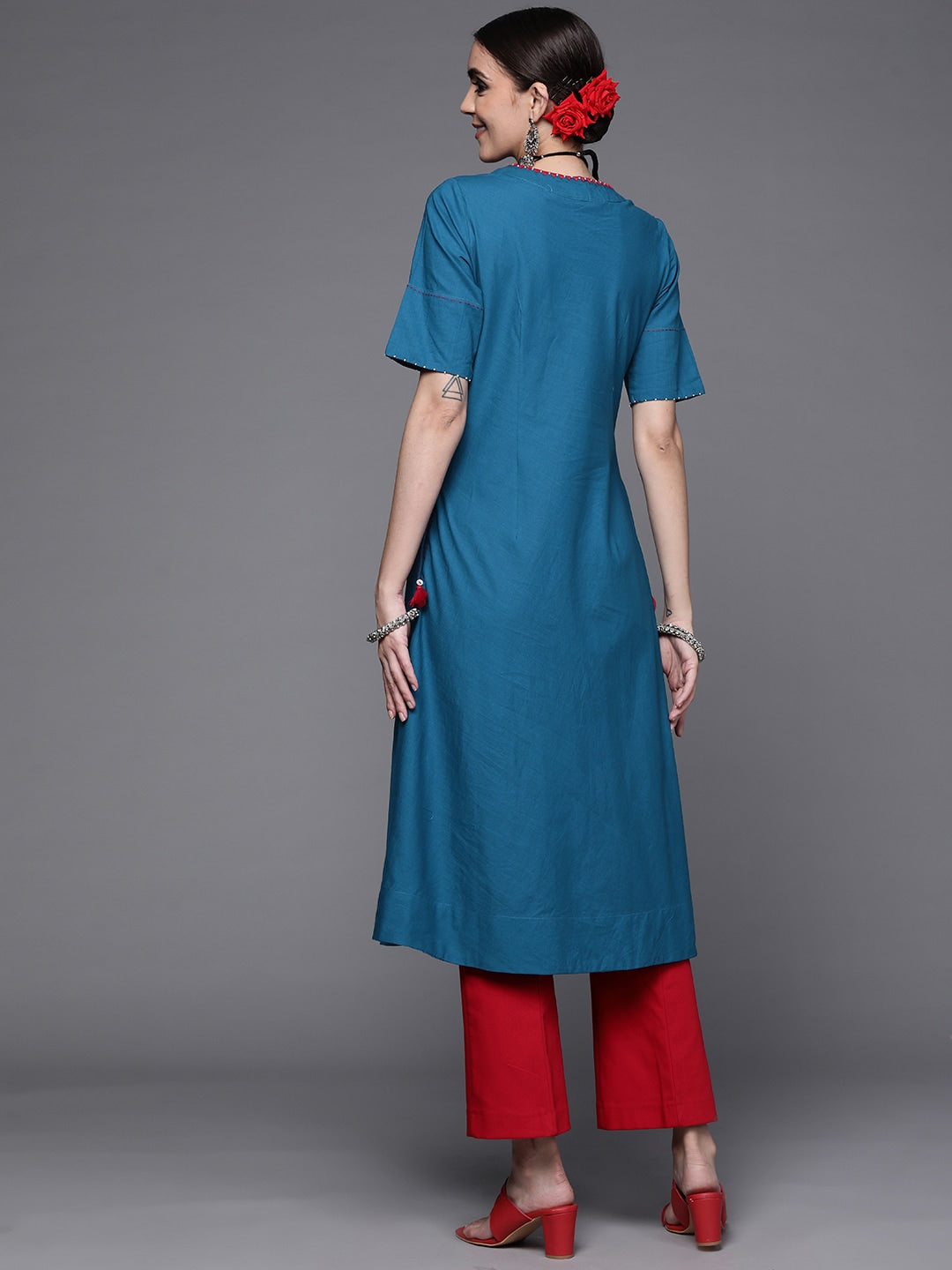 Biba Women Navy Blue Solid Embroidered Bead Detail A-Line Pure Cotton Kurta - Distacart