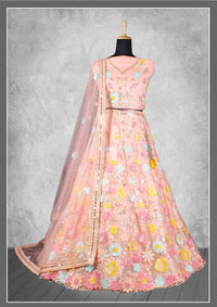Thumbnail for Peach Net, Satin Silk Cord And Sequins Floral Embroidery Semi-Stitched Lehenga Choli - Nimaya Kangan - Distacart
