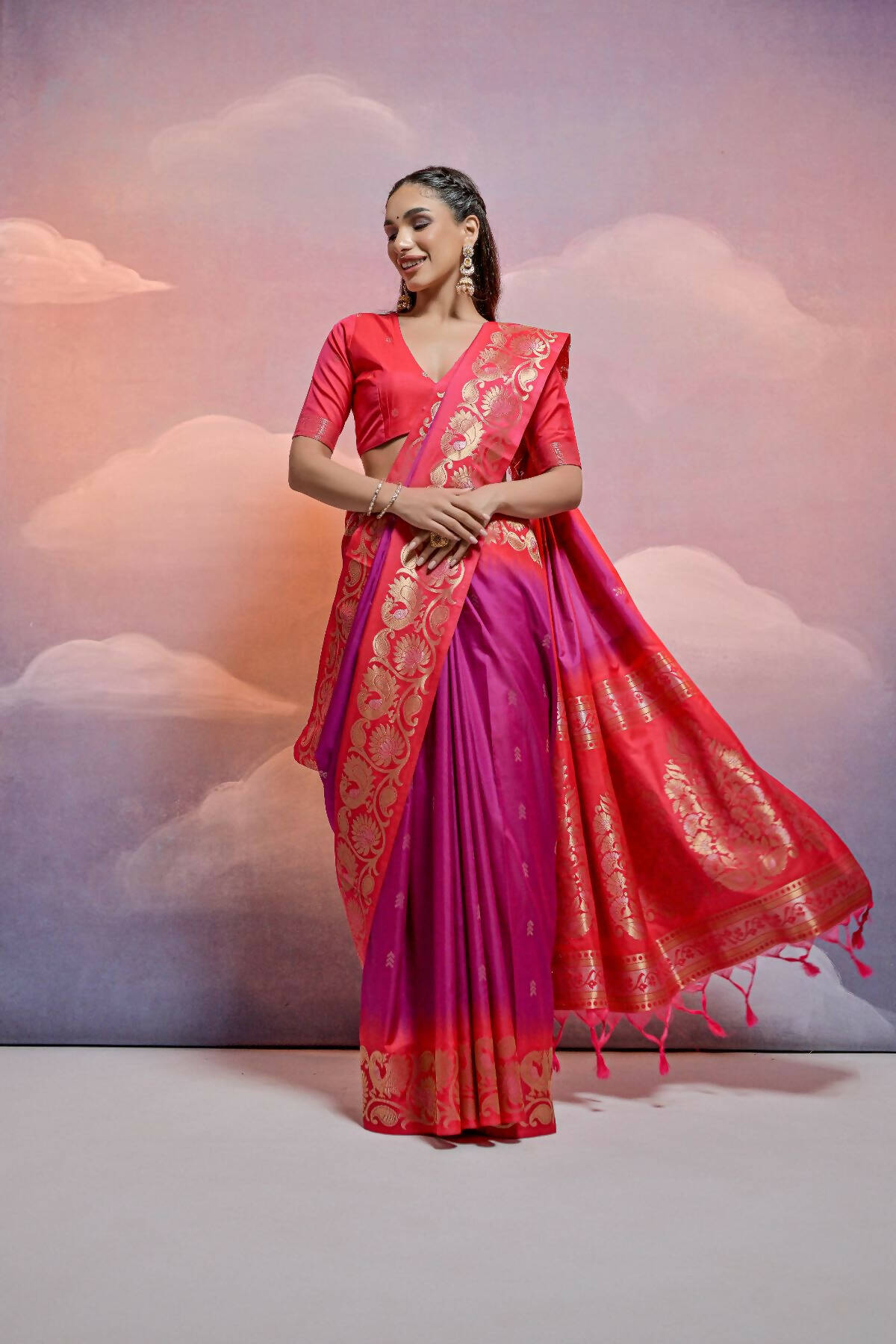 Vishnu Weaves Women's Wine Soft Silk Zari Woven Saree with Blouse - Distacart
