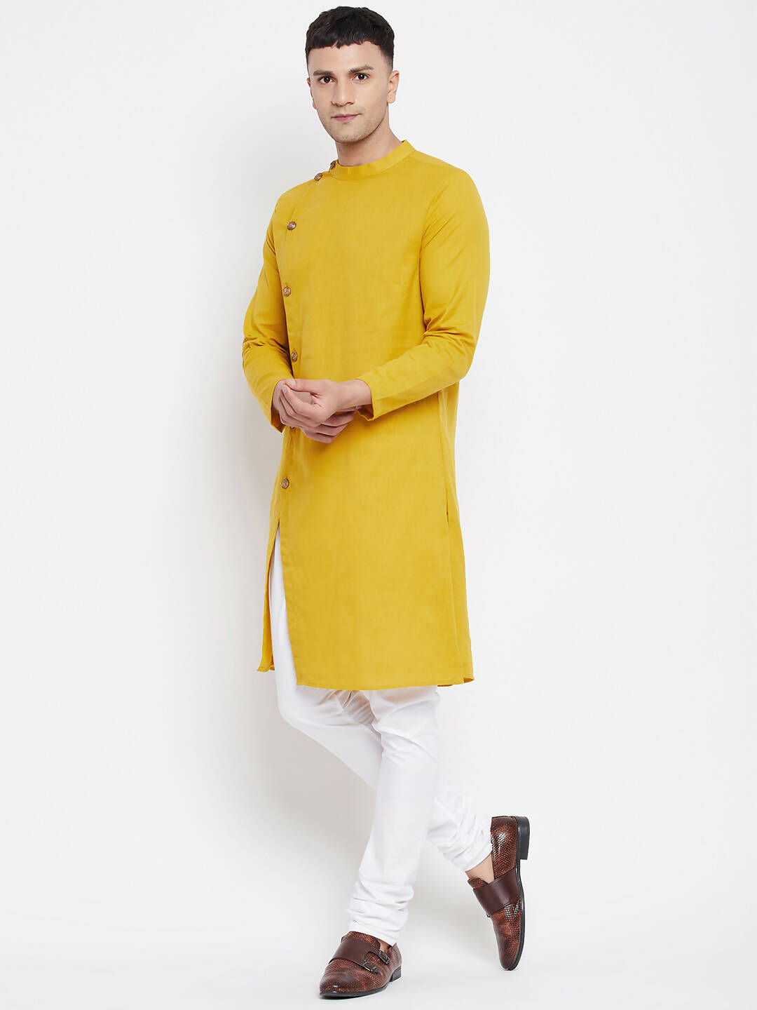 Even Apparels Yellow Pure Cotton Men's Sherwani Kurta With Asymetrical Cut - Distacart