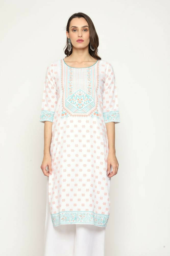 Maai Rayon Hand Printed Kurta Off-White - Distacart