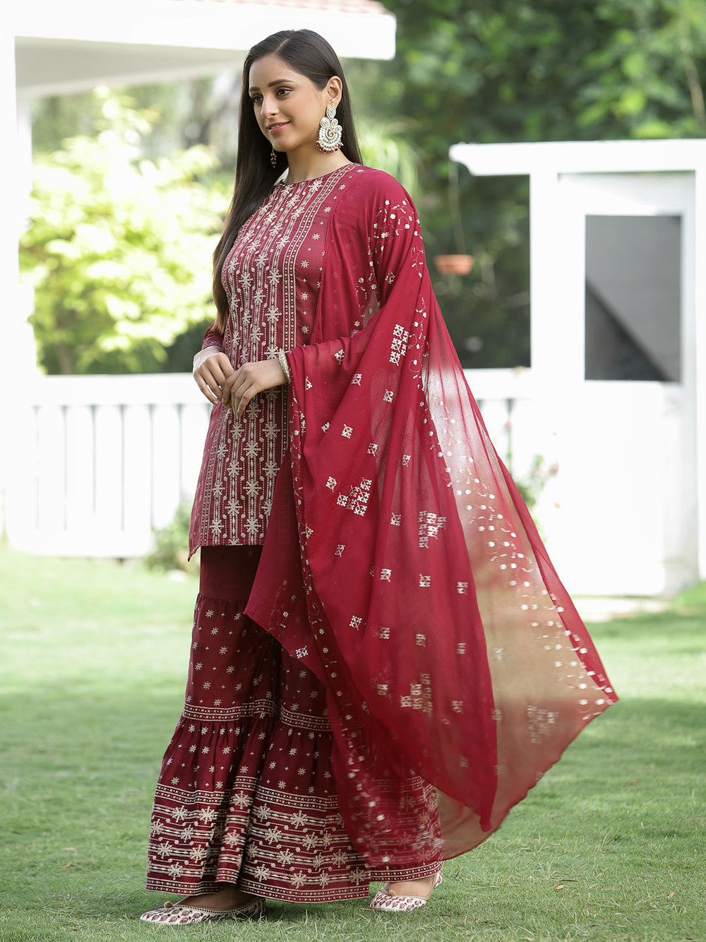 Juniper Maroon Mono Viscose Festive Wear Printed Straight Kurta Sharara Dupatta Set - Distacart