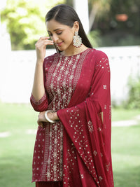 Thumbnail for Juniper Maroon Mono Viscose Festive Wear Printed Straight Kurta Sharara Dupatta Set - Distacart