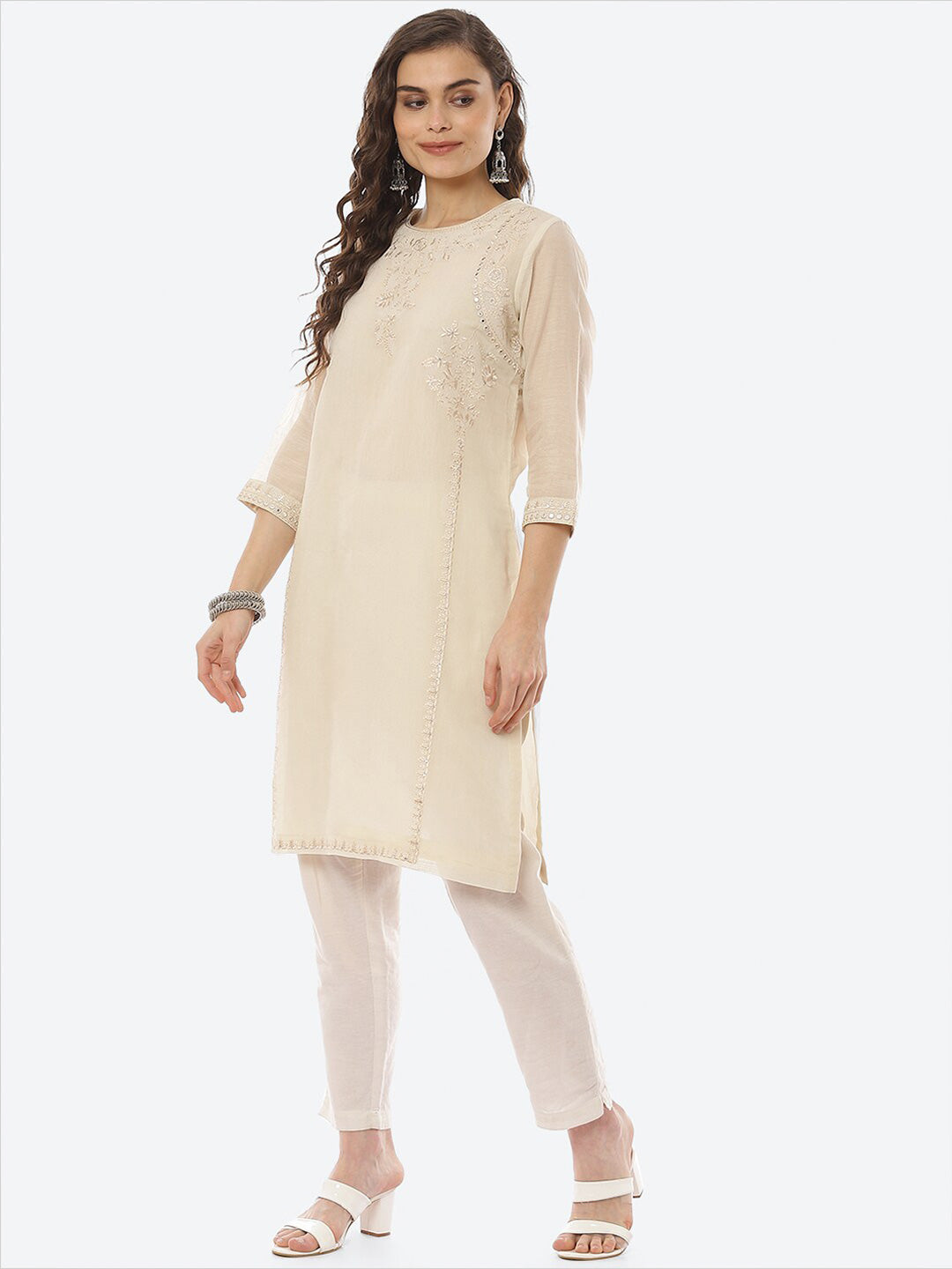 Biba Women Beige Ethnic Motifs Embroidered Mirror Work Floral Kurta - Distacart