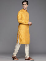 Thumbnail for Manyavar Men Mustard Yellow Woven Design Kurta with Churidar - Distacart