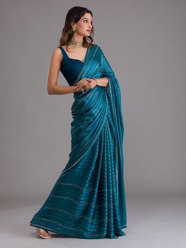 Koskii Blue & Silver-Toned Striped Beads and Stones Saree - Distacart